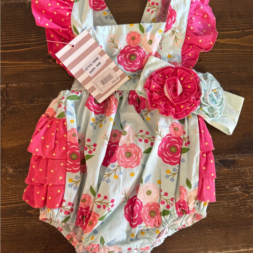 Pink Floral Ruffle Baby Romper with Flower Sash